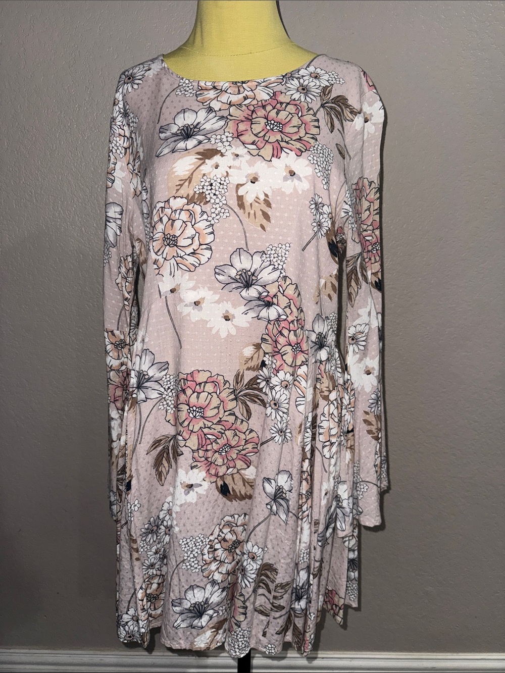 Altar’d State Floral Long-Sleeve Swing Dress - Blush Pink Bell Sleeves size L